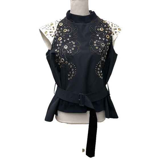 Sacai Tops - Sacai Grommet Blouse Top Womens Medium Blue White Short Sleeve Belted Edgy Urban